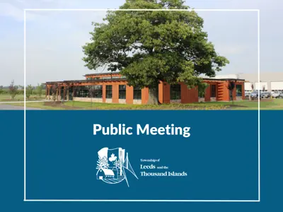Public meeting with a summer shot the Township Administrative office in the background, with green grass and trees