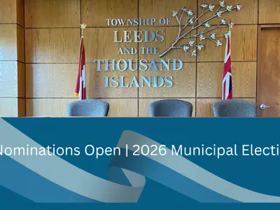 Council chambers with township logo and canadian and ontario flags, text reads, Nominations Open| 2026 Municipal Elections