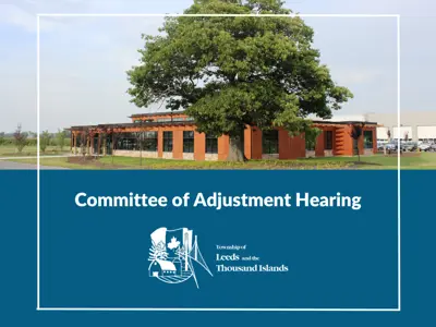 Background image of Township office with text reads Committee of Adjustment Hearing and the Township logo